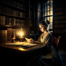 Photograph of a mysterious, indecipherable odd person sitting at a table, reading an ancient book, very accentuated details of the dress and skin, eerily mysterious. 33mm photography, high definition, high resolution, 8k, 3d render, volumetric light, shot on Hasselblad. Study room. Bookshelves, candle lit.