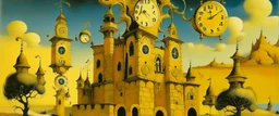 A yellow castle with clocks in daylight painted by Salvador Dali