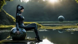 Fantasy Photo Of A Woman With Black Hair, Wearing A robot-looking catsuit, Sitting sideways On A Ledge next to a Pond, With A Planet Behind Her Head