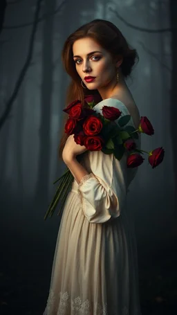 Vintage portrait of a beautiful woman carrying a band of dark red roses standing in a misty and foggy forest background, eerie twilight lighting