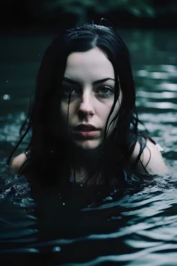 A mean girl with black hair fully in water