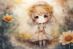 double exposure, merged layers, painted and burned burlap, cute chibi anime flower princess in a flowergarden, melting watercolor and black ink outlines on wet paper, soft, shading strokes, in sunshine, ethereal, otherwordly, cinematic postprocessing, bokeh, dof