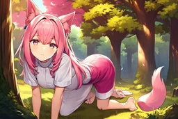 Forest, girl, pink hair, dog tail, sit on all fours