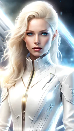 femme magnifique galactique, long cheveux blond, combinaison uniforme blanche et argent très lumineuse au poste de commandement vaisseau mère