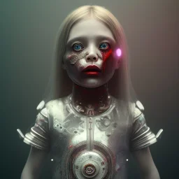 a little girl with a half cyborg face and a lot of red liquid around her, steam punk, scary, horror, realistic, made in octane, cinematic, ultra-realistic, extremely detailed octane rendering, 8K, VRAY Super Real ar 2:3, dof photorealistic futuristic 50mm lens hard lighting dark gray tintype photograph, realistic lighting, sephia colors