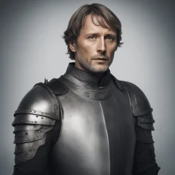 mads mikkelsen dresses in knight's armour, head fully in frame, high quality photo