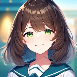 Clear focus,High resolution, brown short fluffy hair, long fluffy bangs, and green eyes, Depressed girl, wearing a sailor uniform, Smug smile, half closed eyes, smile, Extreme close up,