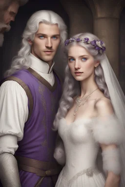 in Medieval times . The Early twenties Man has white hair and blue eyes. the Early twenties Woman has brown hair and purple eyes. They are both in wedding attire.