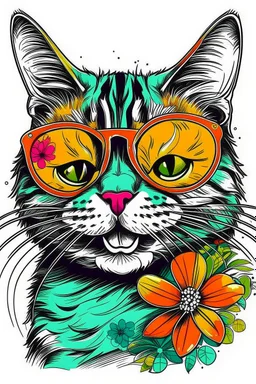 A groovy CAT with a wide, toothy grin, rocking sunglasses and a flowered shirt. Style: Pop Art, Mood: Fun and Funky, Lighting: Bright sunlight, T-shirt design graphic, vector, contour, white background.