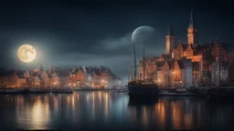 dream world, Scandinavian city harbour, calm beauty, fantasy world, magic, night, darkness, moonlight, starlight, splendor, uplifting, inspiring, therapeutic, chiaroscuro, color, award-winning colour photograph, beautiful composition, Nikon 135mm