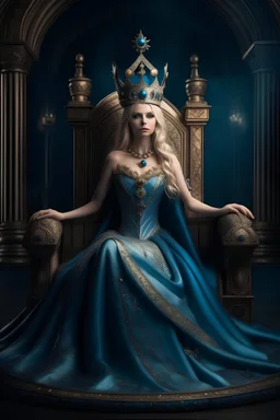 Gorgeous queen sitting on the throne, long dress, majestic crown, blonde hair blue eyes, big throne