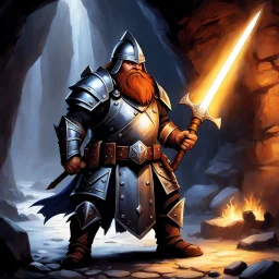 The dwarf from AD&D stood valiantly in his leather armor, gleaming under the dim light of the torch-lit cavern. His full metal helmet obscured his face, but his determination shone through his eyes. In his hands, he wielded a long halberd, its blade sharp and menacing, ready to strike down any foe that dared to challenge him.