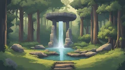 The video game poster presents a serene forest scene in Irland in minimalist pixel art, capturing the essence of the Celtic landscape. A solitary dolmen stands amidst a sea of lush green trees, its ancient stones rendered in simple yet evocative detail. Shafts of sunlight filter through the canopy, casting dappled patterns on the forest floor. colorful fountain with faeries