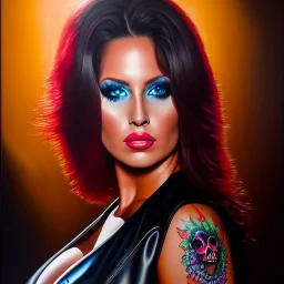 Ultra detailed fullbody Portrait in oil on canvas of beautiful fit busty punk Julie(heavy metal 2000),extremely detailed digital painting,ultrarealistic skin,intense stare, extremely detailed face, crystal clear eyes, mystical colors ,perfectly centered image, perfect composition, rim light, beautiful lighting,masterpiece ,8k, stunning scene, raytracing, anatomically correct, in the style of Simon Bisley and uncannyknack and Ohrai Noriyoshi and robert e howard and Steve Jung.