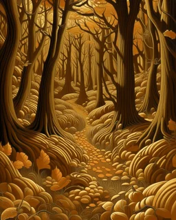 A brownish bronze autumn woods with a pumpkins painted by MC Escher