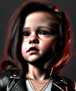 Kristen stewart toddler, full body, leather jacket, dramatic lighting, hyper realistic