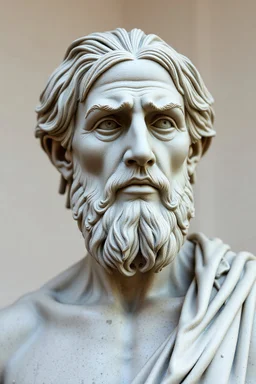 Statue antique d'un philosophe moderne, cheveux mi long, une barbe naissante, un homme mince le visage émacié, avec un style contemporain. Grèce antique, décor naturelle, lumière naturelle, très détaillé, très intriqué, très réaliste.