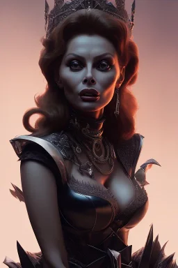 Sophia Loren as evil queen in black leather, cleavage, angry, stern look. character design by cory loftis, fenghua zhong, ryohei hase, ismail inceoglu and ruan jia. unreal engine 5, artistic lighting, highly detailed, photorealistic, fantasy