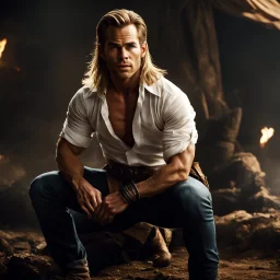 chris pine as handsome warrior king, muscular, long blonde hair, male age 30, wearing jeans and a white button-up shirt, tan skin, tattoos, photorealistic 4k dark fantasy