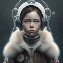 Cyberpunk Portrait of cyborg bird child with brown hair and with cute face, north pole snowy vibe , perfect composition, hyperrealistic, super detailed, 8k, high quality, trending art, trending on artstation, sharp focus, studio photo, intricate details, highly detailed, by greg rutkowski