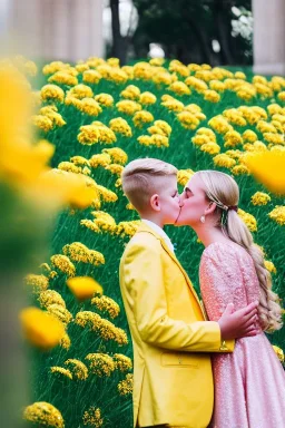 kissing humans, flowers, gold, gems, blonde girl and boy, cinematic, love, subject in the center