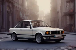 a 1990 bmw 2-door 4k ,ultra realistic,concept, 4k ,on street, parked in crowded city