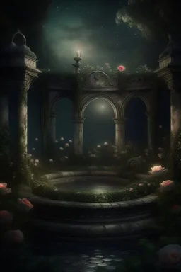 magical overgrown secret garden, roses, ivy, fountain, twilight, moon, stars dark tones, warm tones