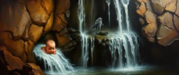 master oil painting by Rembrandt,cute blind trolls bading baby inside waterfall with nyx