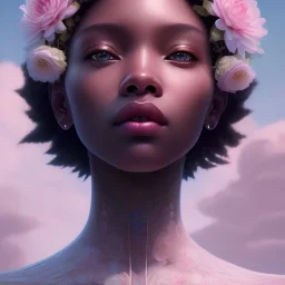 Closeup face portrait of a ebony girl wearing crown of flowers, smooth soft skin, big dreamy eyes, beautiful intricate colored hair, symmetrical, anime wide eyes, soft lighting, detailed face, by makoto shinkai, stanley artgerm lau, wlop, rossdraws, concept art, digital painting, looking into camera