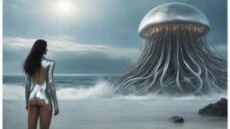 Wide-angle shot of a woman, standing to one side on a beach with huge waves, with dark hair in a silver robotic catsuit, many gigantic flying jellyfish with tentacles floating above her, masterpiece, best quality, super detailed