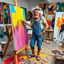 An elderly bohemian artist with wild curly white hair, worn beret, denim overalls with suspenders paint-stained, colorful striped socks and sandals, standing at large easel painting vibrant abstract expressionist canvas with dripping yellows, electric blues, hot pinks, deep reds, bold blacks cascading down. Art studio with colorful abstract expressionist paintings hanging on walls in background, finished artworks displayed. Studio floor covered in paint tubes, brushes, palette knives, rainbow pa