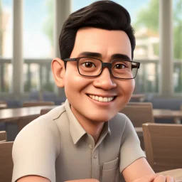 a portrait of smiling a man. netherlands-indonesia blood. round 40years old. carricature. dark black hair. short hair. light brown skin. dark brown eye pupils. wearing small rectangle, thin frame glasses. square face shape. formal dress. pixar style. 3D. 4k. portrait. highly detailed. sharp focus. high resolution. full color. cinema lighting