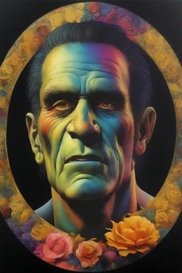 Frankenstein monster's face inside a gold circle, multicolored, large, Floral/rainbow designs, atmospheric, beautiful, bright, vibrant colors, pitch-black background, oil painting by Boris Vallejo, 4k UHD, Photorealistic, professional quality