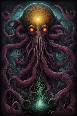 Yog sothoth Lovecraftian horror judging the damned, by Sam Keith, smooth horror art, sharp textures, alcohol oil painting, expansive, dark colors, vivid Eldritch imagery, elusive nightmare, distressing hues, Keith's distinctive visceral style, detailed line work, rich sharp colors