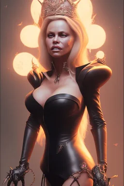 Pamela Anderson as evil queen in black leather, leather, busty, cleavage, angry, stern look. character design by cory loftis, fenghua zhong, ryohei hase, ismail inceoglu and ruan jia. unreal engine 5, artistic lighting, highly detailed, photorealistic, fantasy