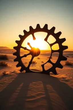 drone view, desert sunrise behind a large rusty cogwheel standing in sand and shadow of the wheel looks like a curved backbone part of giant sandworm monster with jagged backbone fins, large open space, dramatic, cinematic, great shadows, amazing contrasts