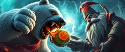 awake within a dream, epic movie poster, polar bear vampire super hero eating thunder swirling melon with thumbs up grabbed by throat vs gnome goblin rock priest zombie war lord, fish eye lense, dimensional rift