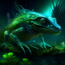 A complex, unique and beautiful bioluminescent carnivorous amphibious alien creature in 3D, a breathtaking piece of art. A maximalistic, highly detailed and sophisticated professional photograph. Thomas Kinkade