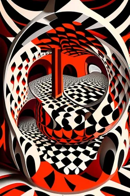 Voice bouncing around in a circular house of mirrors; Optical Art; M.C. Escher, black, white, and orange-red