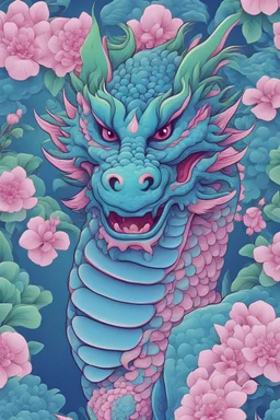 Vector design of blue and green young dragon with pink flowers and chinese elements