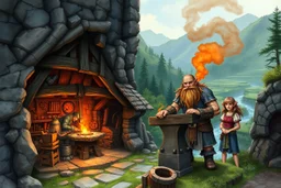 Medieval fantasy watercolor: Thalgrim's Forge built into mountainside. Stone-timber workshop with blackened walls, forge heat radiating. Dwarf blacksmith Thalgrim works glowing anvil while apprentice Eira watches. Outside: mining tools, gears, pulleys. Green terraces, forest, river reflects sky. Broad-shouldered dwarf, braided beard, focused eyes reflect red-hot metal. Sharp-eyed human apprentice assists. Orange smoke meets blue-green sky Spring foliage, echoing hammer sounds mix with river flow