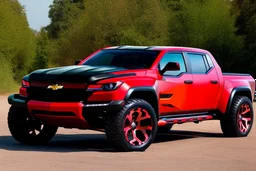 a super futuristic car, for all terrain, pickup fashion, black and red colors, big wheels, CHEVROLET INSPIRED, stay on street full of zombies