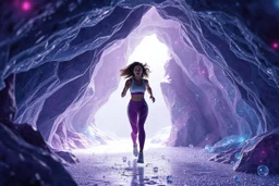make a video pretty crystal cave covered with jewells and CIFI jewell lights and 3d recursive cubic and sphere base pearls and jwells a beautiful fashion model lady with cute,curvy hair,makeup, in pretty sports suit is running inside cave ,dynamic camera fallow her inside cave capturing full body, dynamic lights.