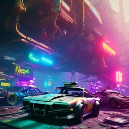 photo quality, unreal engine render, highest quality, stop-motion animation, vivid neon colors, volumetric lighting, cyberpunk 2077, classic car junkyard, deep colors in a dark setting background, post-apocalyptic,