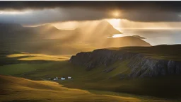 Mountainous landscape in the Hebrides, sunlight, chiaroscuro, awe-inspiring, beautiful composition, award-winning photograph