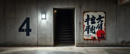 background of wall(wet textured concrete, gray, old, cracked, stained, 1 wall light) from underground parking, hong kong style, a large number "4" painted on left(old faded paint), at middle is a narrow opening into an area with dark stairway, cyberpunk, to the right of opening is a faded keith haring style poster