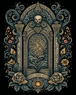 ornate gravestone tattoo design, traditional tattoo style, t-shirt design, fantasy art, digital painting, clean dark background, 8K