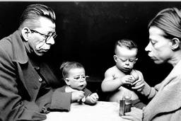 a photo of baby Simone de Beauvoir and baby Jean-Paul Sartre meeting baby Che Guevara who is lighting a cigar for baby Jean-Paul Sartre