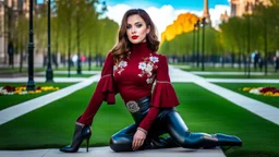 fullbody close up of 1 girl makeup wearing a dark red-silver victorian top and pants and pretty boots walking in moder city of 2040 park ,colorfull flowers ,pretty clouds in blue sky,city escape.