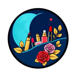 A circular logo designed for a cosmetics store with the symbol of the moon and the colors of turquoise, indigo, red, gold and pink, a blue and black circle decorated with cosmetics and nail polish, lipstick, body spray and rose leaves .